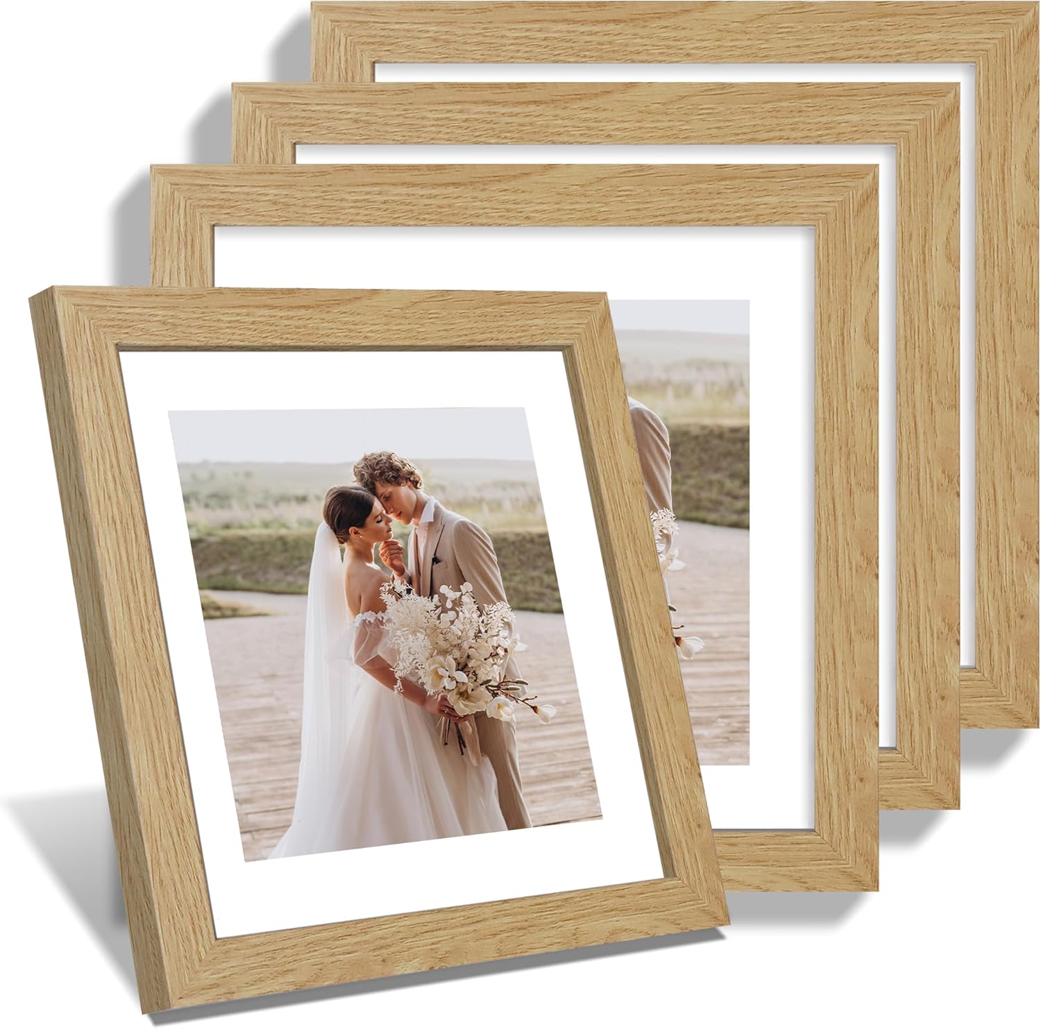 10x10 Picture Frame Set of 4, Made of Glass and Natural Oak Wooden Frame - Display Picture 8x8 with Mat or 10 x 10 Without Mat, 10 by 10 Photo for Wall or Tabletop