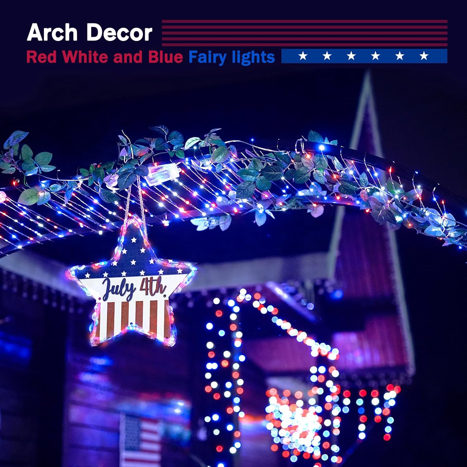 JMEXSUSS 2 Pack Red White and Blue Fairy Lights Battery Operated, Total 200 LED 66ft Battery Powered Twinkle Light with Remote, 8 Modes Red White and Blue String Lights for 4th of July Decorations