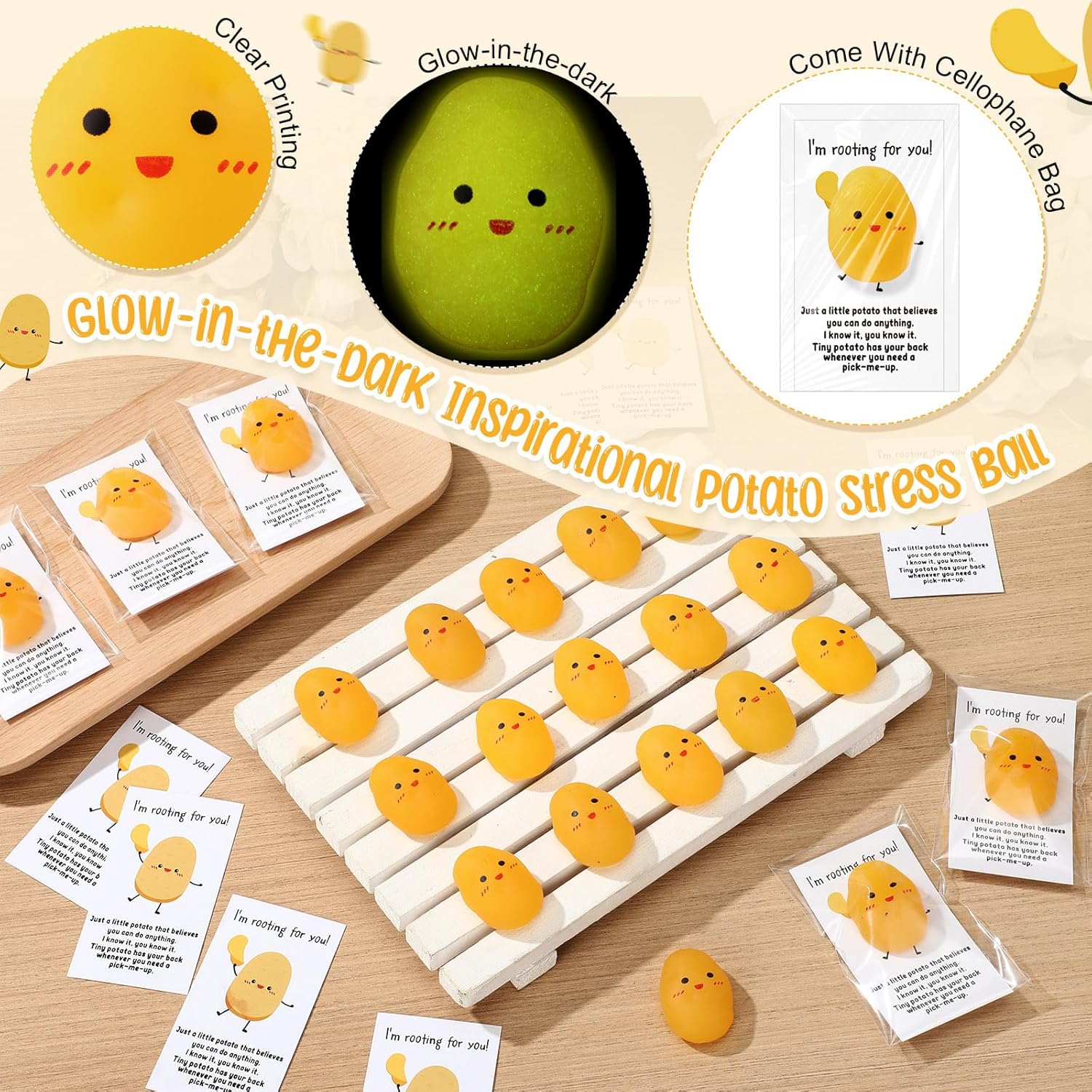 Wettarn 30 Sets Emotional Luminous Potato Stress Ball Gifts Bulk Office Christmas Appreciation Gift Cute Squeeze Mini Stress Relief Ball Positive Card Potato for Coworker Employee Nurse Staff