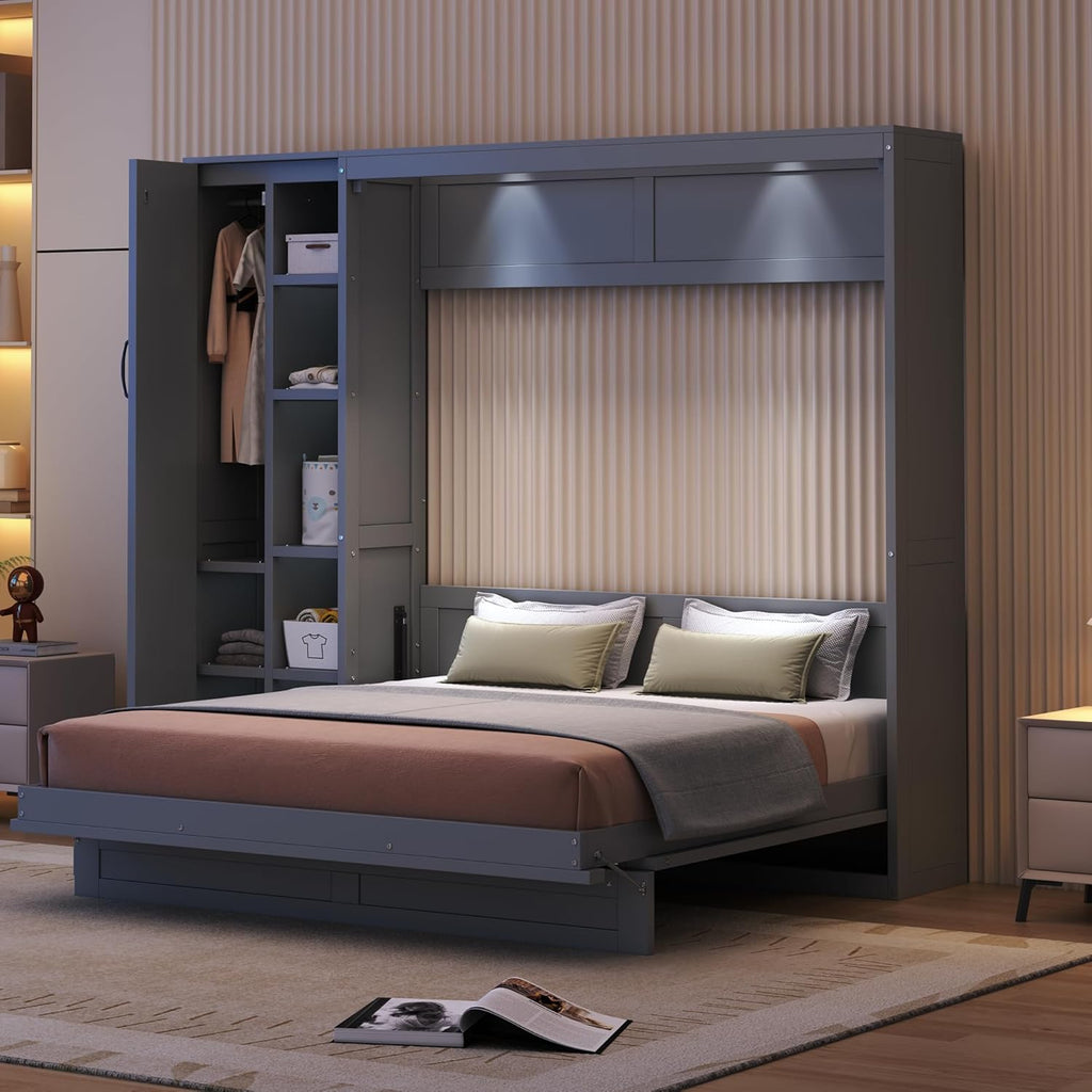 Merax Queen Size Murphy Bed Wall Bed with Shelves, Drawers and LED Lights,Gray