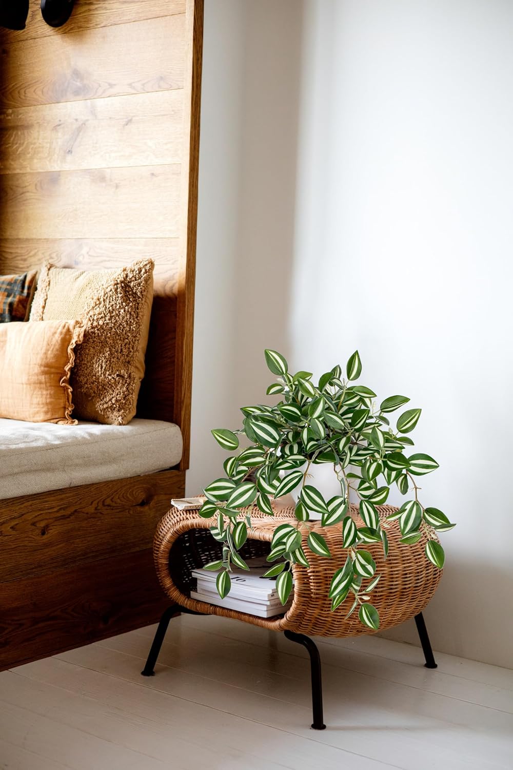 Briful Fake Plants Indoor Artificial Potted Silk Plants Faux Watermelon Peperomia Cascading Vine Plant for Home Office Livingroom Desk Shelf Mantle Decoration(Green/White - 1 Pack)