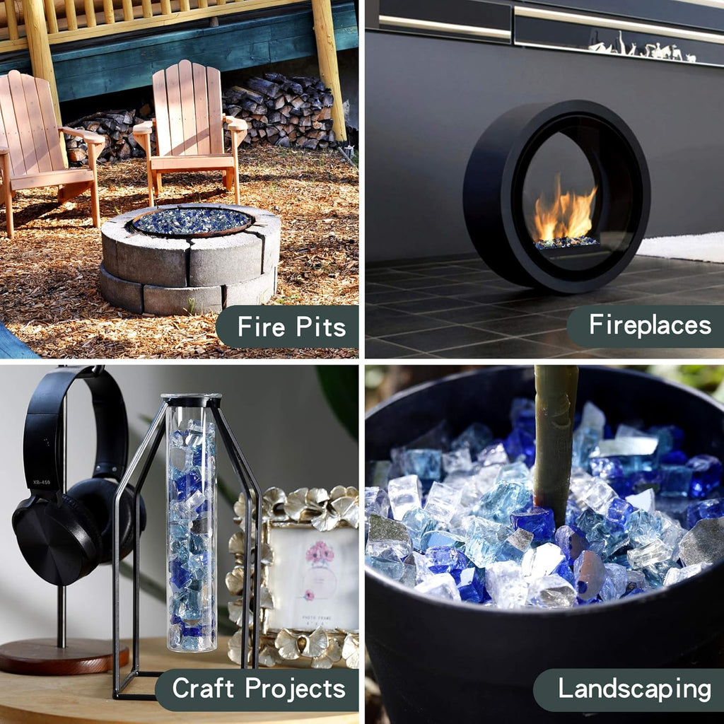 Onlyfire 10 Pounds Blended Reflective Fire Glass for Fire Pit Fireplace and Landscaping, 1/4 Inch Mixed Colored High Luster Fireglass Rocks for Outdoor ＆ Indoor Use - Aqua Blue+Platinum+Cobalt Blue