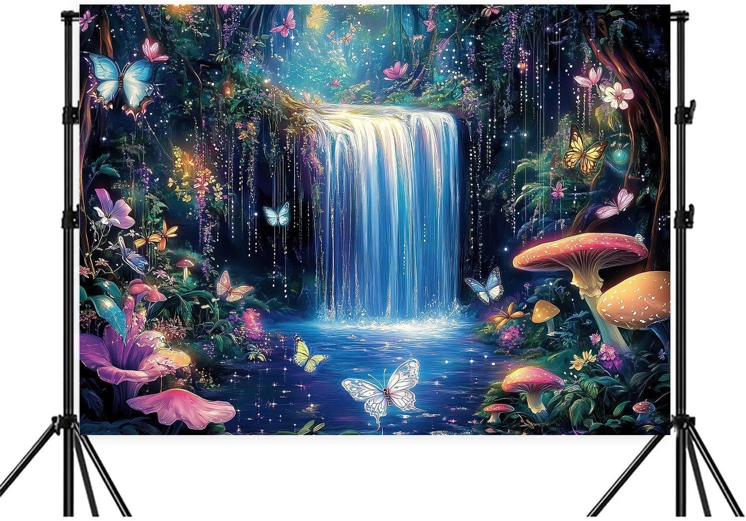 9X6ft Enchanted Forest Photography Backdrop Fantasy Wonderland with Waterfall Mushroom Floral Butterfly Magic Landscape Photo Booth Props for Party Decorations Studio Shoots