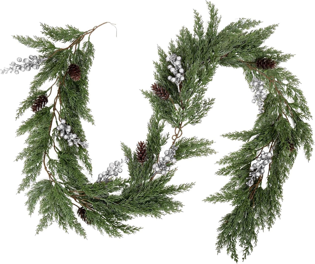 SJL Faux Cypress Pine Garlands 1Pcs Christmas Garland Artificial Realistic Holiday Cedar Pine Needles Greenery Garland Decoration with Pinecones and Berries for Fireplace Table Christmas Party Home