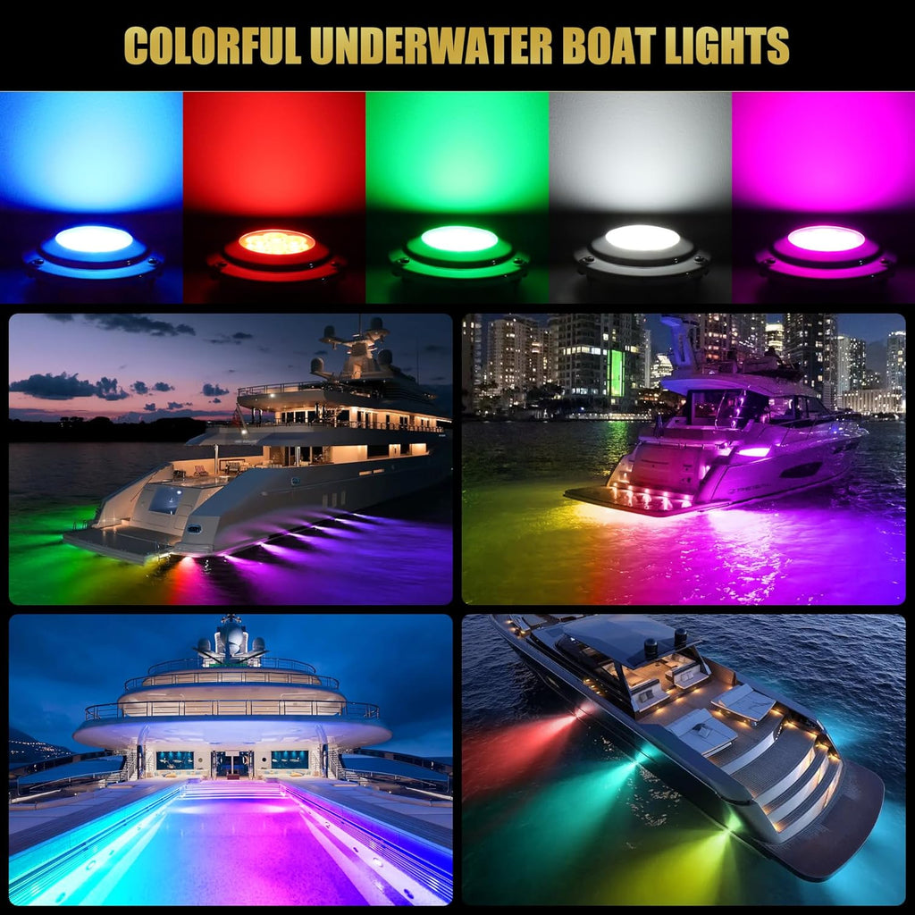 Goldlife 6,000LM Marine Underwater LED Light for Boat, B4-1 RGBW w/RF Remoter, 4.3" 60W DC10-30V 6LED, Dimmable Color-Changing IP68 Submersible Yacht Transom Pontoon Light Surface Mount 316 Stainless