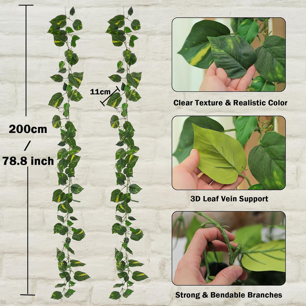 2Pcs 157inch Flame-Retardant Fake Jungle Vines Artificial Leaves Bendable Leaf Greenery Garland Silk Ivy Plants for Mantle Backdrop Wall Hanging Outdoor Theme Room Porch Patio Decorating (Scindapsus)