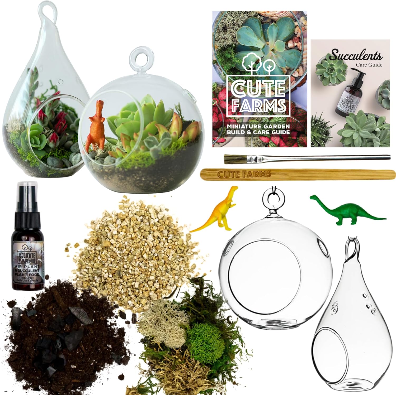 Cute Farms Terrarium Starter Kit with Glass | Moss, Vermiculite, Soil, Plant Food, Finishing Tool, Miniature Dinosaurs, Build and Care Guide
