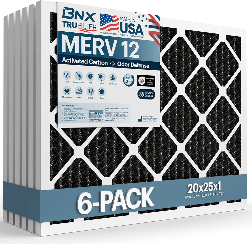 BNX TruFilter 20x25x1 MERV 12 Odor Defense (6-Pack) AC Furnace Air Filter with Activated Carbon - MADE IN USA - Pleated Air Conditioner HVAC AC Furnace Filters - Removes Odor, Mold, Bacteria, Smoke