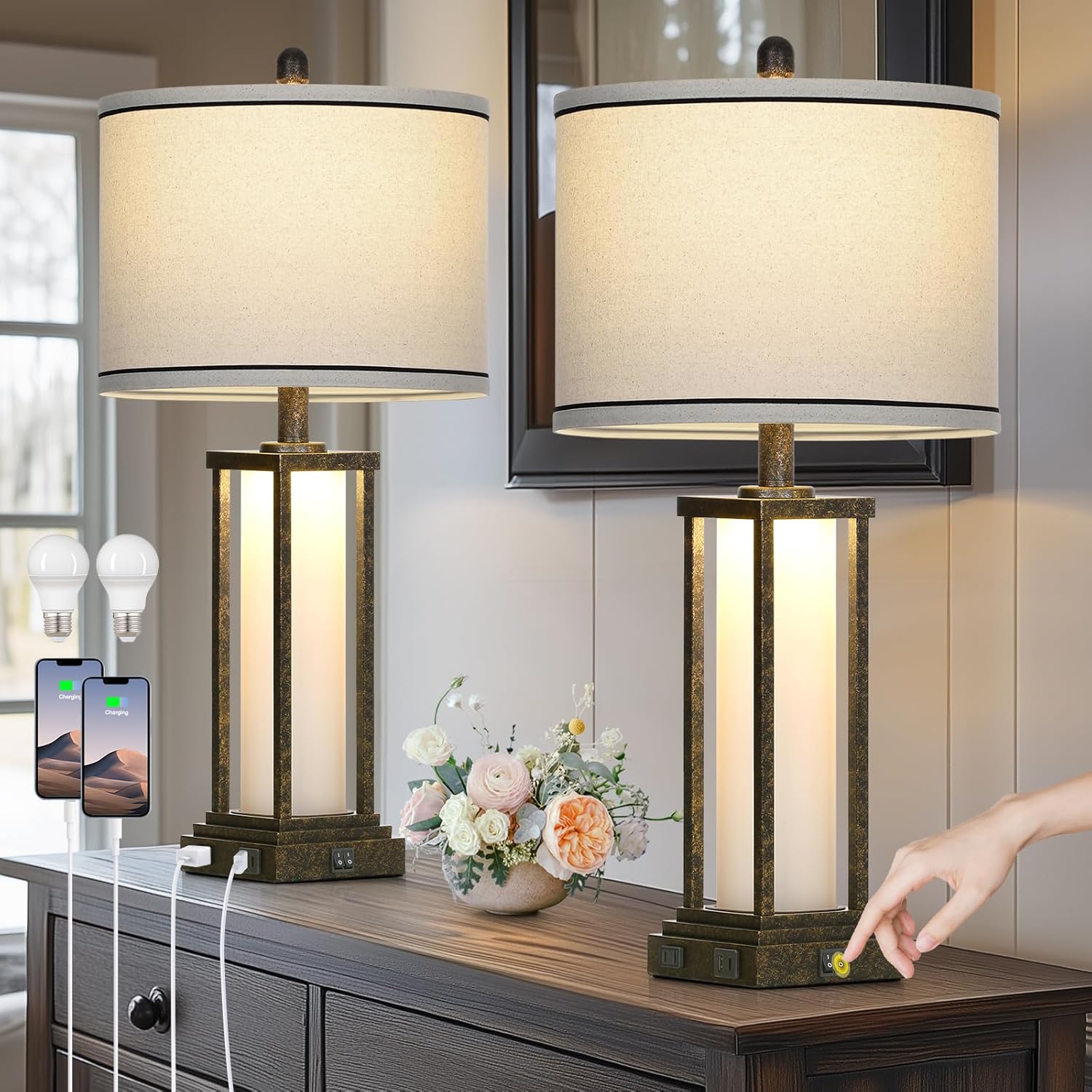 27" Tall Vintage Table Lamp Set of 2 with USB C+A & Outlet,Bronze Industrial End Table Lamp for Living Room,Farmhouse Rustic Bedside Lamps with Frosted Glass Night Light for Bedroom Nightstand,Bronze