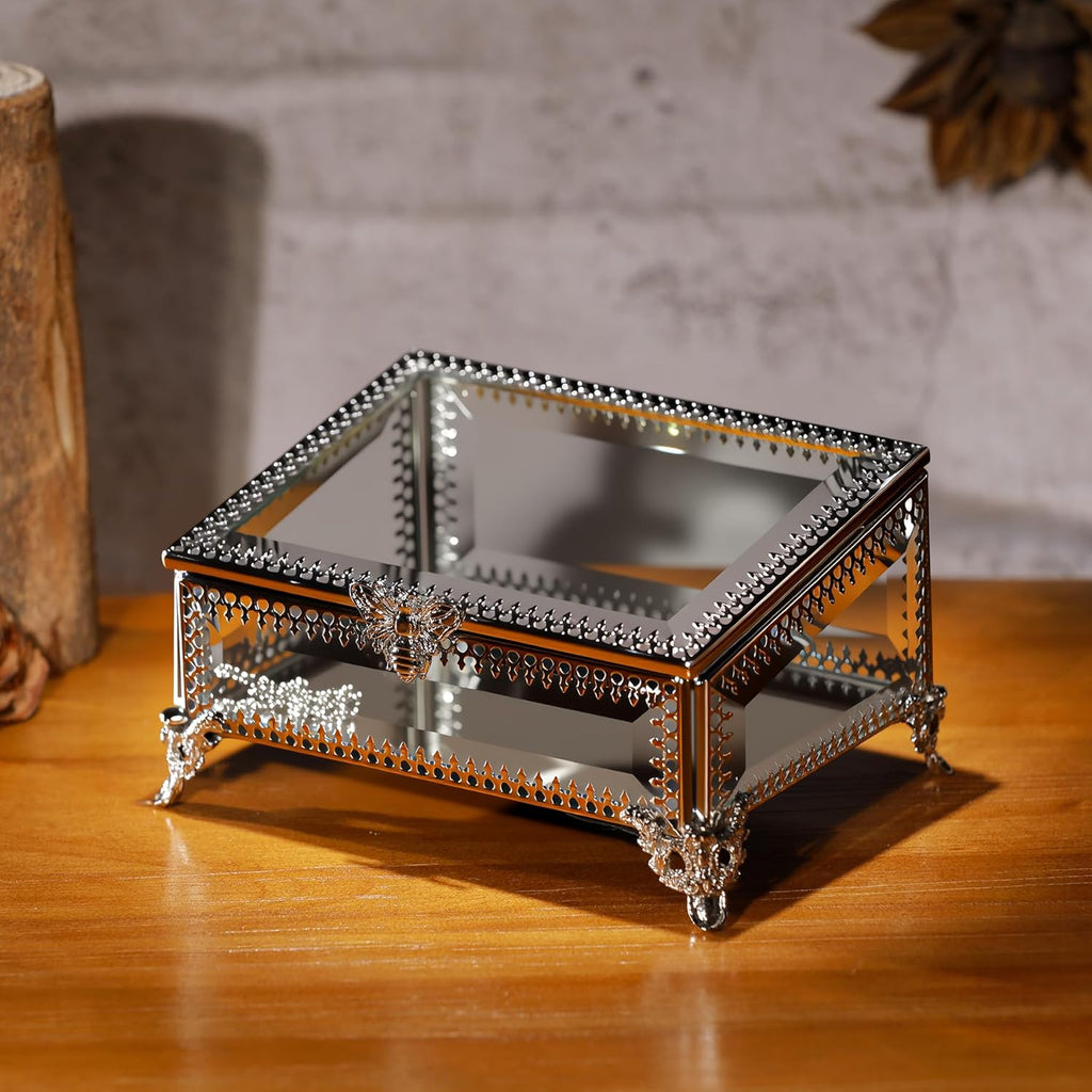 Glass Vintage Jewelry Box Keepsake storage Trinket Ring Display Box Home Decor Beveled Clear Glass Box Organizer(5.7x4.3x2.7Inches)