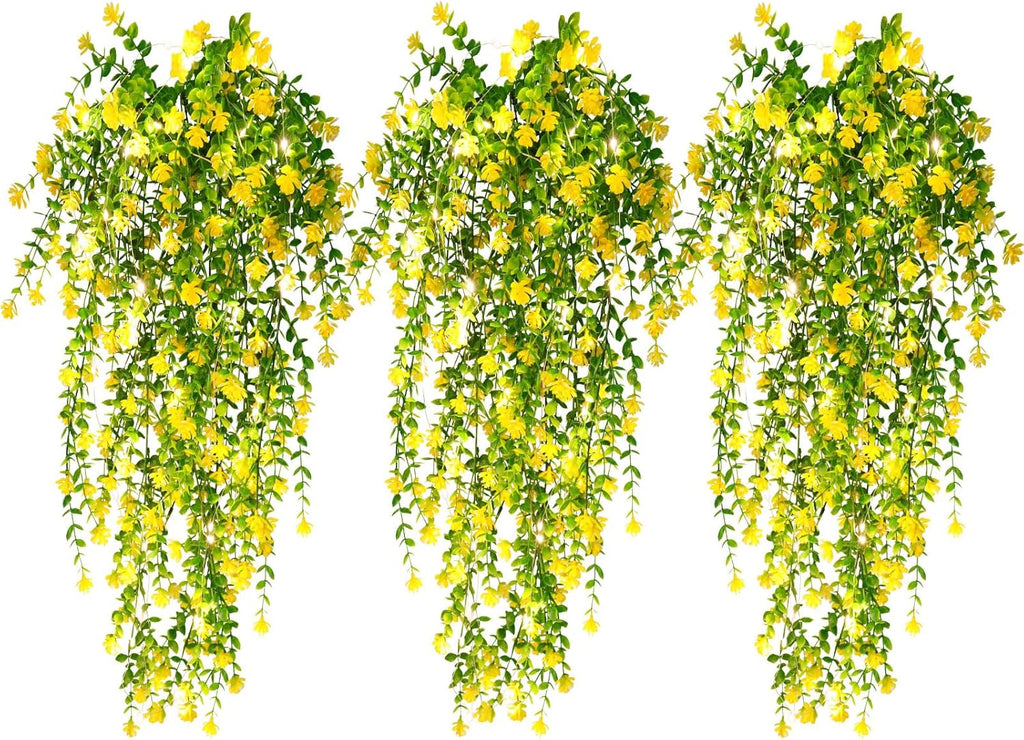 RECUTMS Outdoor Fake Hanging Plants,Hanging Plant Vine with Lights,Faux Eucalyptus Leafs Greenery Vine Plant Faux Plants Fake Plants Greenery for Jungle Theme Party Wedding Decoration(Yellow)