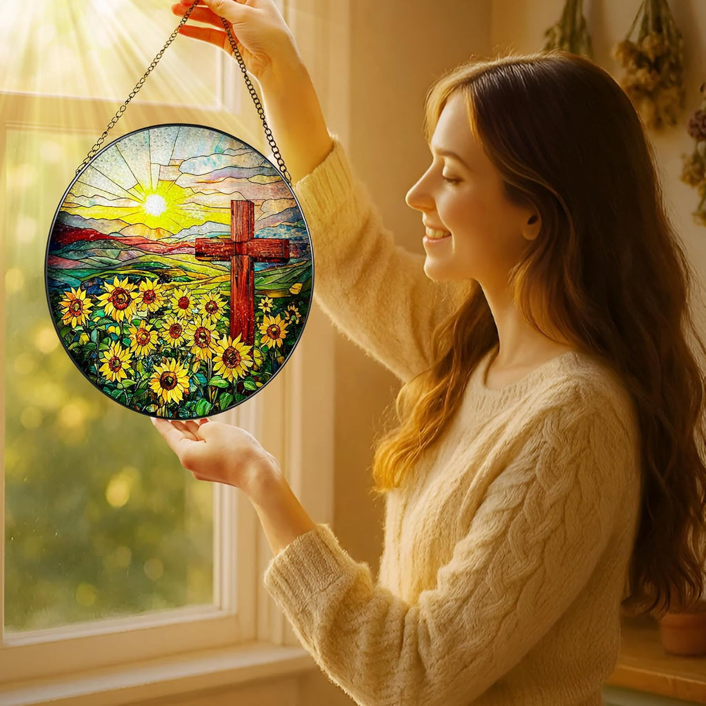 Cross Stained Glass Sun Catcher, Stained Glass Window Hanging, 8 Inch Suncatchers for Windows, Window Hanging Ornament, Easter Faith Home Decor, Cross Gifts, Gift for Religious, Christian Gifts