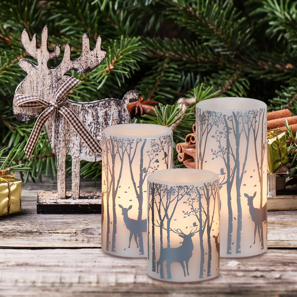 GenSwin Flameless Candles with Timer, Christmas LED Flickering Candles Real Wax with Silver Deer Decals, 3 Pack Pillar Fake Candle for Winter Indoor Fireplace Christmas Decor(D3” x H4”5”6”)