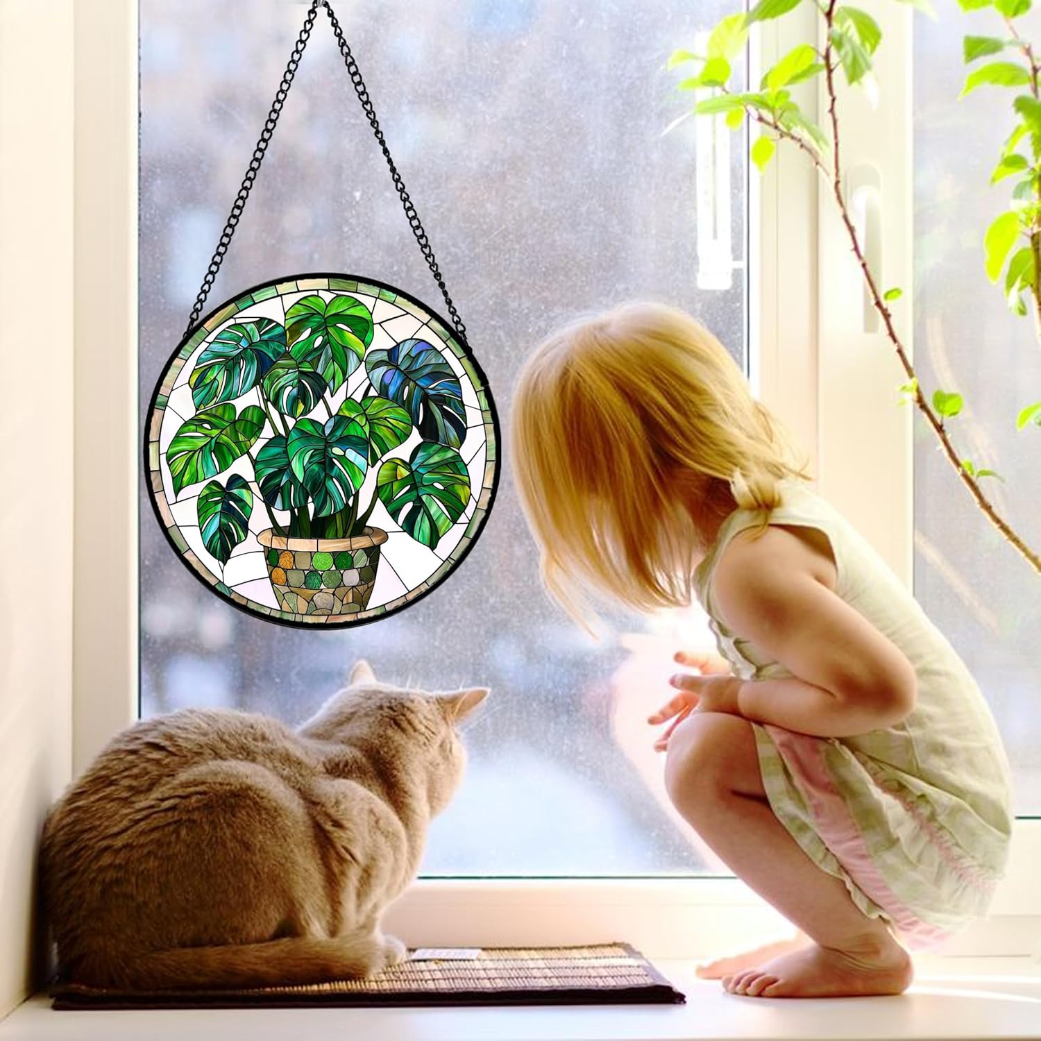 Stained Glass Window Hanging, Green Plant Monstera t Suncatcher Diamond Colorful Glass Panel Sun Catchers Decor for Birthday for Women, Men, Wife, Aunt, and Mom 11.8x11.8 in