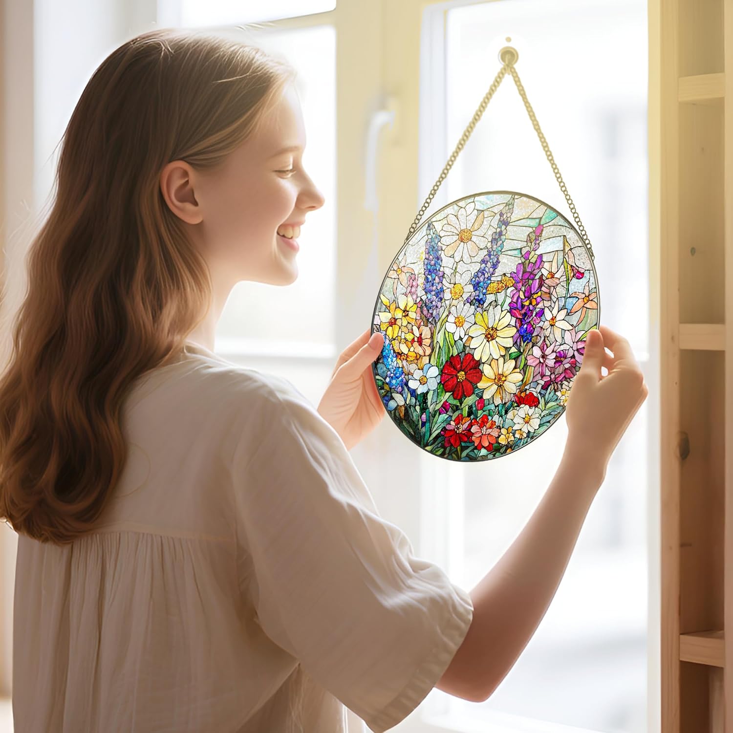 Stained Glass Window Hanging, 8 Inch Wildflower Stained Glass Suncatcher, Suncatchers for Windows Hanging, Wildflower Window Decor, Florist Gift, Flower Lover Gifts, Gifts for Mom, Grandma