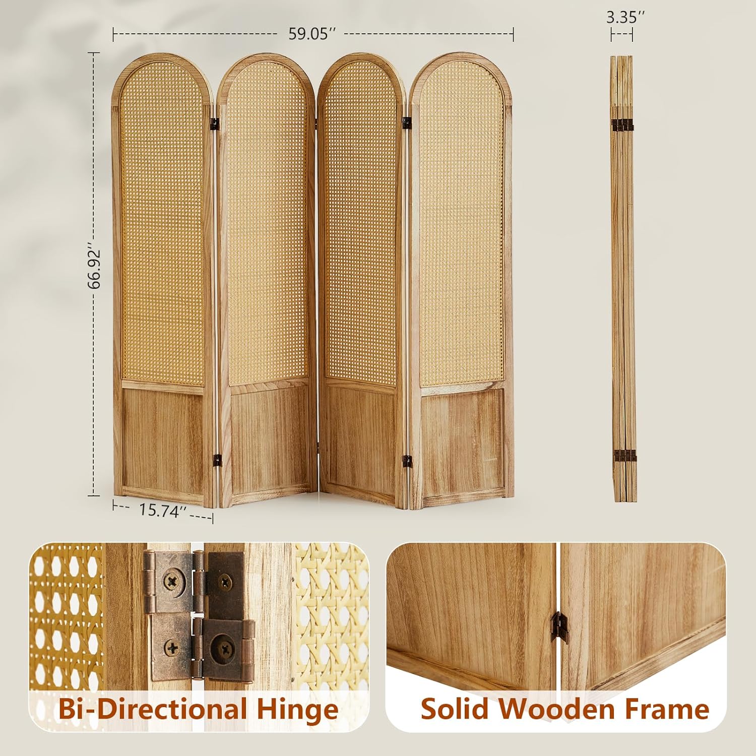 4 Panel Room Dividers and Folding Privacy Screens, Hand-Made Rattan Room Divider with Bi-Directional Hinge, Pre-Assembled Wood Room Divider Wall for Home Office Bedroom, Light Brown