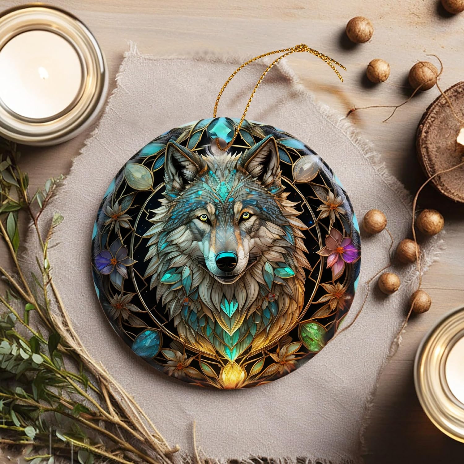 Stained Ceramic Wolf Ornament - Wolf Christmas Ornaments - Christmas Tree Ornaments - Christmas Decorations - Wolf Decor for Office, Room, Home - Holiday Present Ideas