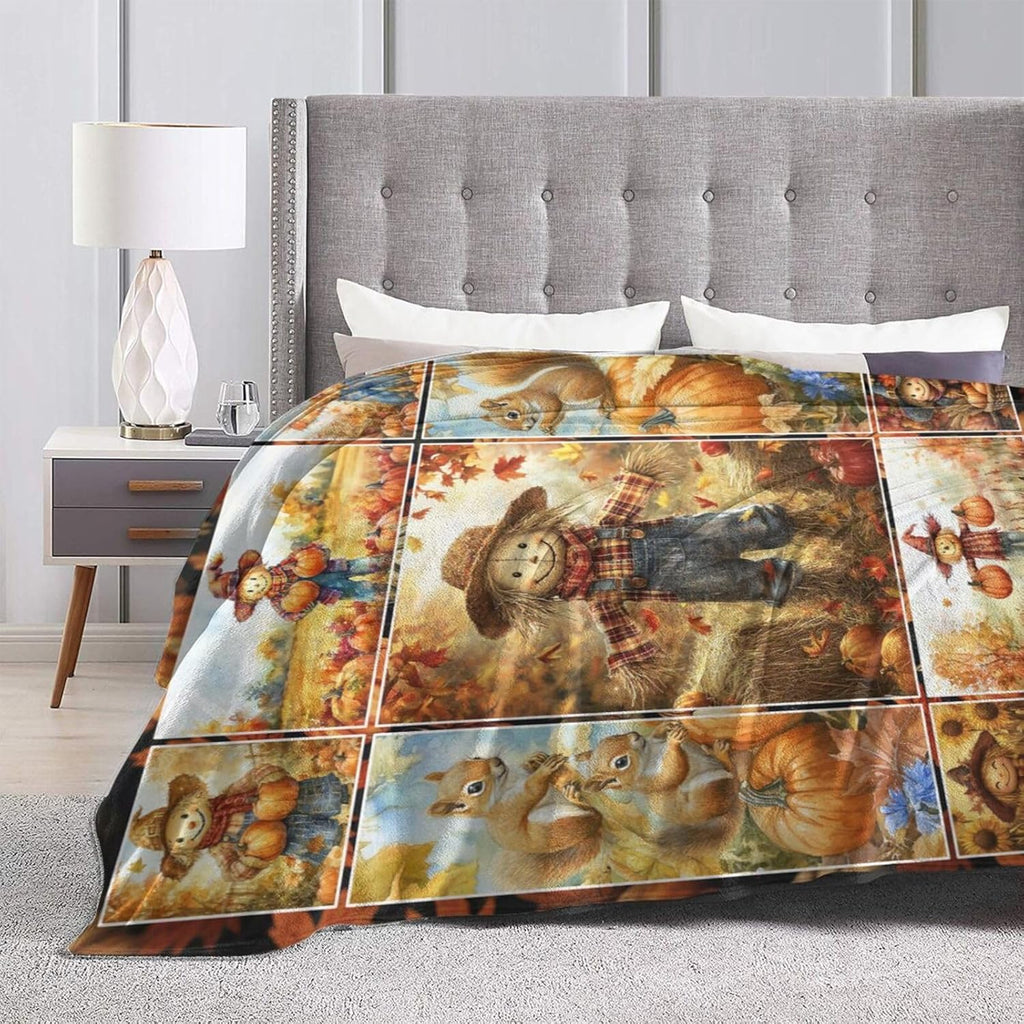 Fall Scarecrow Blanket Autumn Pumpkin Throw Blanket Squirrel Thanksgiving Flannel Stuff Merch Cozy Decor Fleece Soft Plush Fuzzy Warm Lightweight Bedding Gifts for Women Men Couch Soft 60"X50"