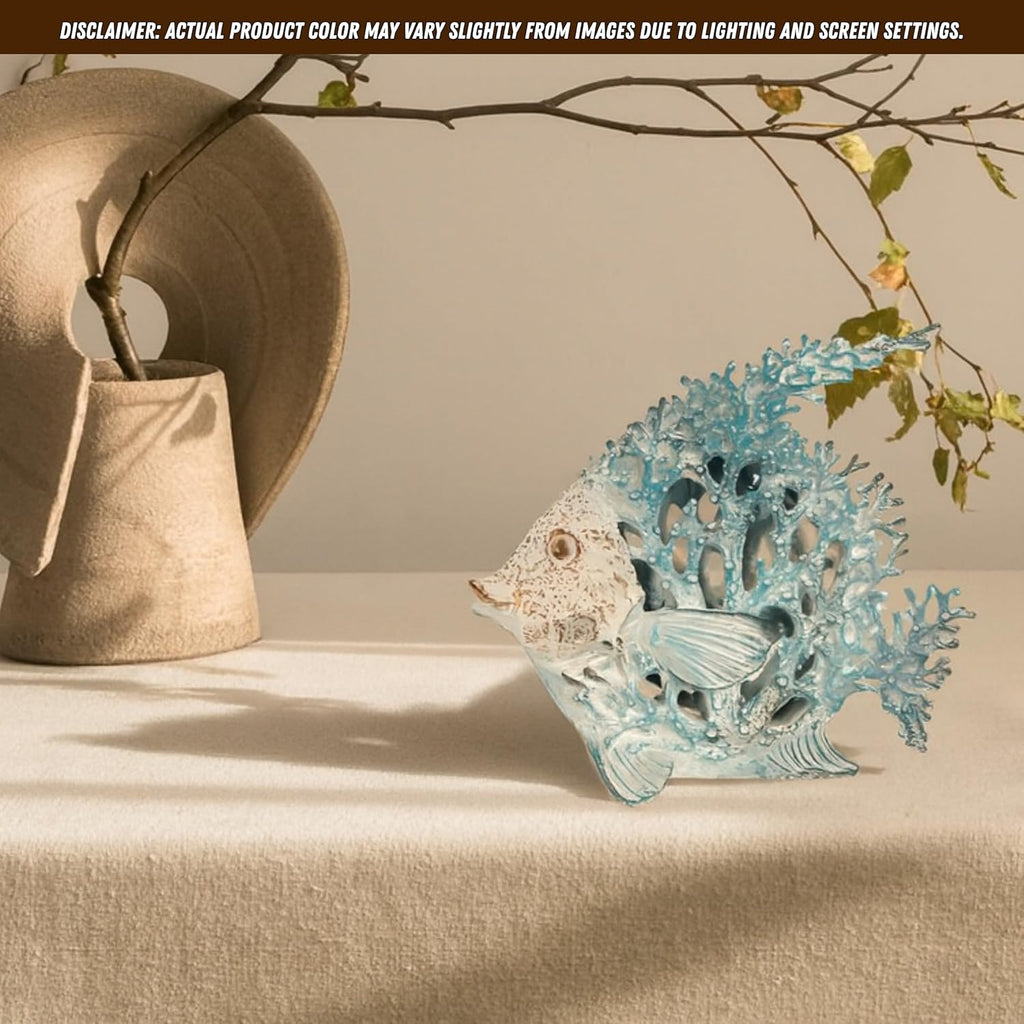 Ocean Decor - Aqua Coral Reef Angelfish Sculpture for Beach Home and Coastal Tabletop Collection, 7x7 Inches