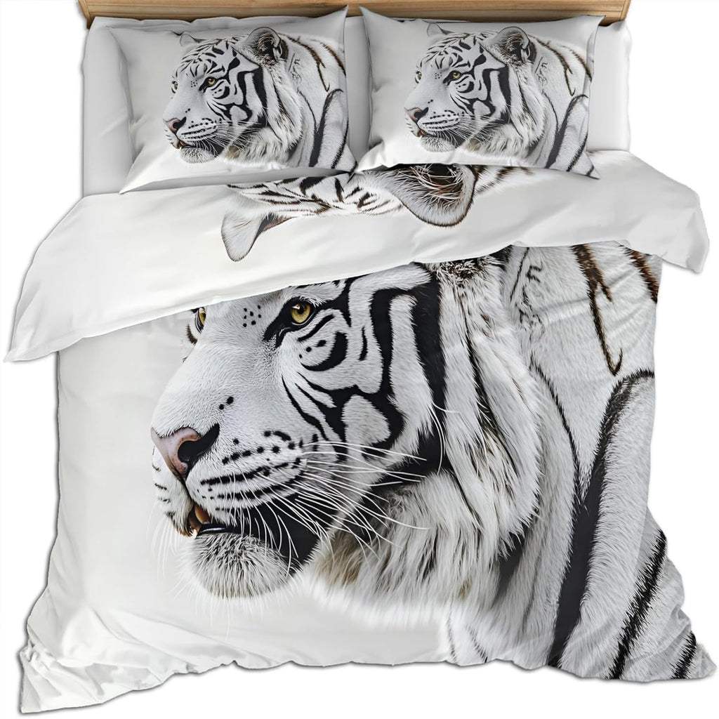 White Tiger Duvet Cover Twin Size, Wild Nature Predator Tiger Bedding Set 2 Piece Kids and Adults Black White Comforter Cover with Zipper Ties & 1 Pillowcases