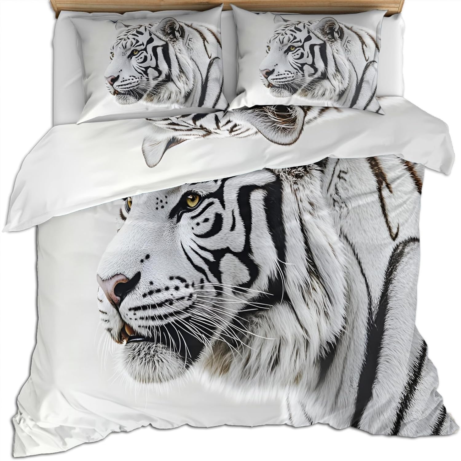 White Tiger Duvet Cover Twin Size, Wild Nature Predator Tiger Bedding Set 2 Piece Kids and Adults Black White Comforter Cover with Zipper Ties & 1 Pillowcases