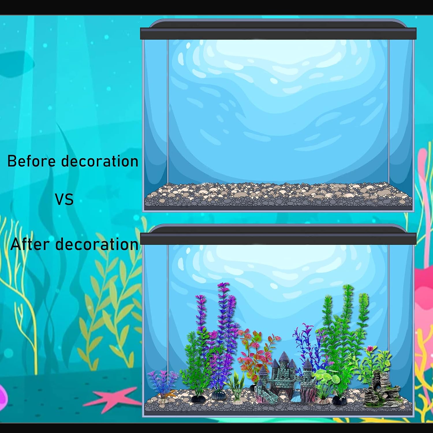 13 Pieces Aquarium Decorations Kit, Fish Tank Decorations Set Small Resin Castle and Rockery Betta Fish Cave Hideout Coral Artificial Plastic Plants Ornament Accessories