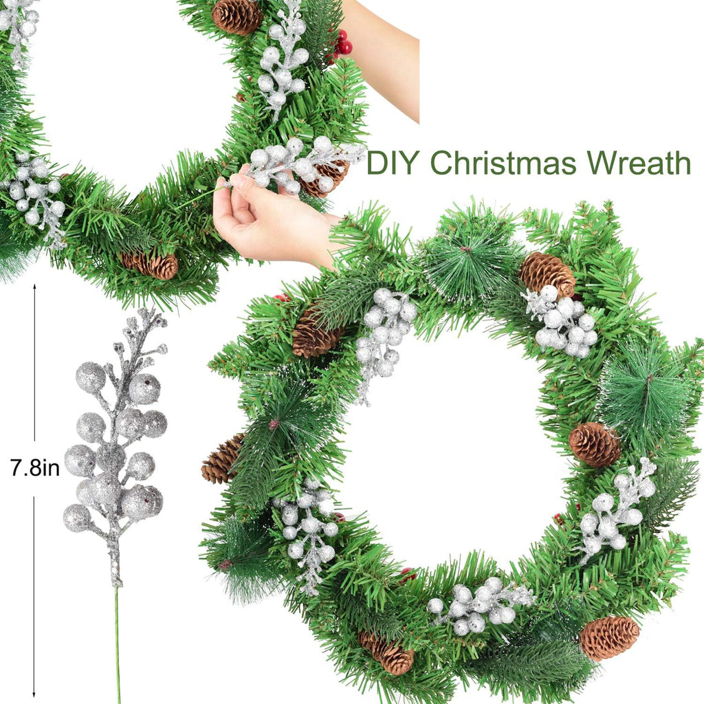 14 Pack Christmas Glitter Berries Stems Clearance, 7.8 Inch Artificial Christmas Picks for Christmas Tree Ornaments, DIY Xmas Wreath, Crafts, Holiday and Home Decor, Silver