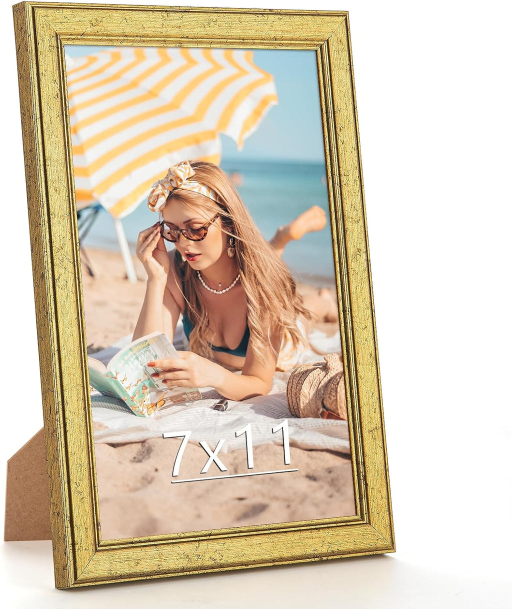 Wood 7x11 Frame Gold, Ornate Natural Wooden 11x7in Picture Frames, Modern Golden 7 x 11inch Gallery Photo Pic Frame with HD Plexiglass, Horizontal Vertical Wall Mounting Tabletop Display 1Pcs