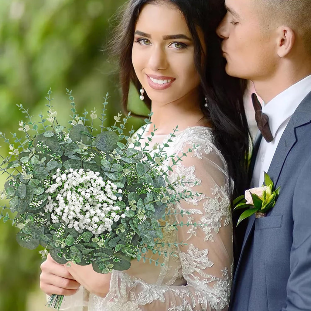 KHOYIME Artificial Eucalyptus Greenery Stems 120PCS with 4 Kinds of Mixed Faux Babys Breath Flowers Fake Green Leaves Plants Bulk, DIY Floral Bouquets Arrangement for Wedding Party Table Home Decor