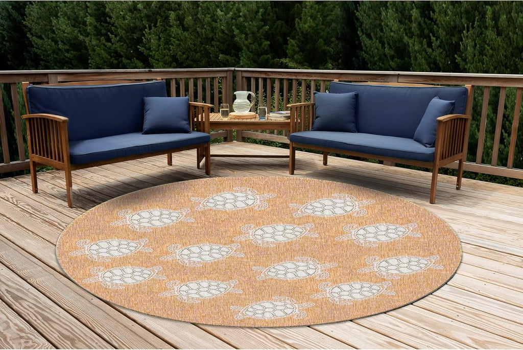 Liora Manne CARMEL Indoor/Outdoor Power Loomed Synthetic Blend Low Profile Area Rug - Transitional Coastal Turtle Decorative (Seaturtles Sand) (7'10" Round)