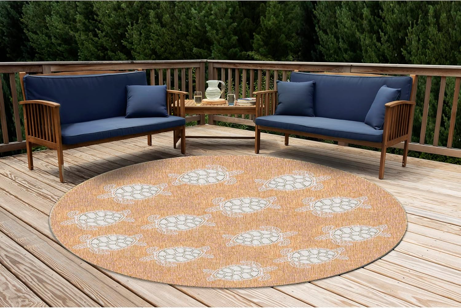 Liora Manne CARMEL Indoor/Outdoor Power Loomed Synthetic Blend Low Profile Area Rug - Transitional Coastal Turtle Decorative (Seaturtles Sand) (7'10" Round)
