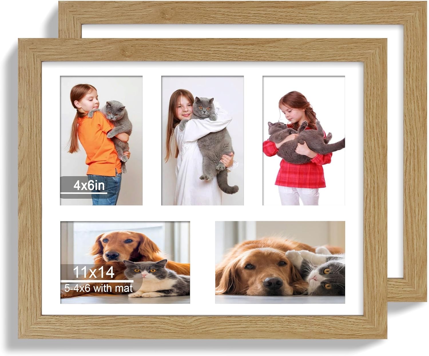 11x14 Picture Frame Set of 2, Natural Oak Wood Frame with Real Glass Collage Picture Frames, Display Pictures Five 4x6 With Mat or 11 x 14 Without Mat, Photo Frames Wall Gallery