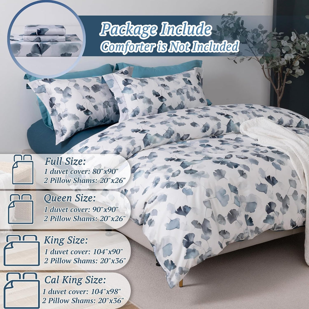 MILDLY 100% Long-Staple Cotton Duvet Cover Set Light Navy Ginkgo Leaf Pattern Printed Comforter Cover 3pcs, Ultra Soft & Breathable Bedding Set