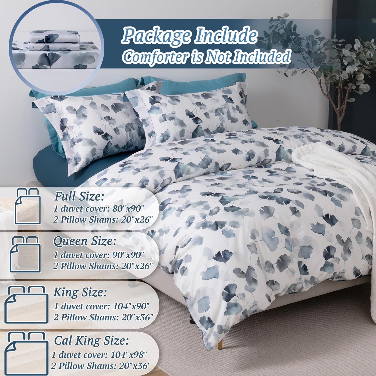 MILDLY 100% Long-Staple Cotton Duvet Cover Set Light Navy Ginkgo Leaf Pattern Printed Comforter Cover 3pcs, Ultra Soft & Breathable Bedding Set