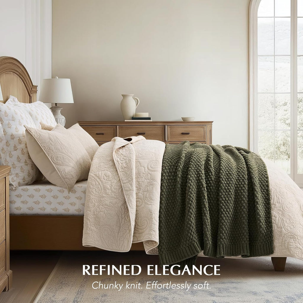 EVERGRACEHOME Chunky Chenille Knit Throw Blanket for Couch, Soft Luxurious Moss Stitch Blankets for Bed, Cozy Decorative Farmhouse Knitted Throws for Sofa, Olive Green, 50" x 60"