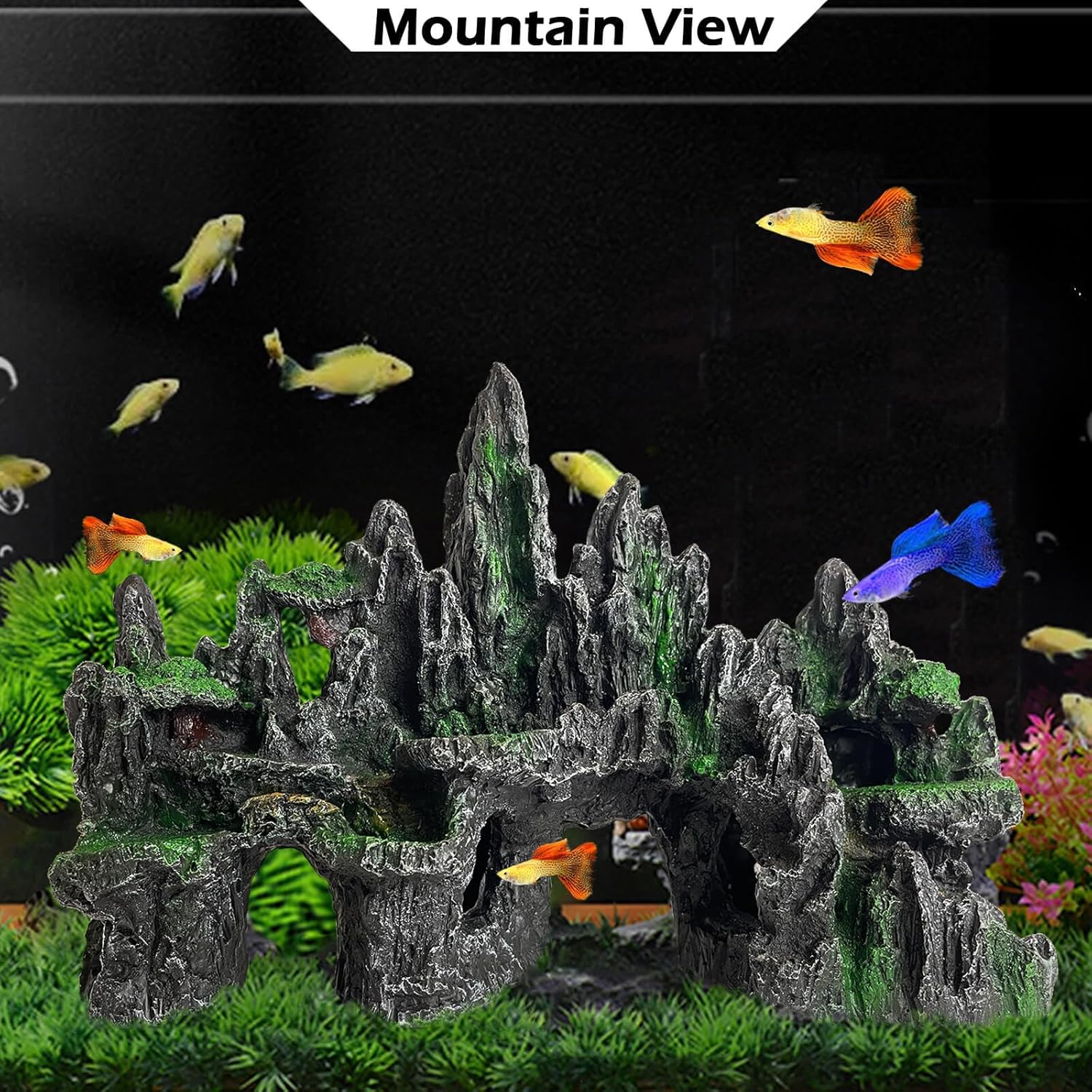 Aquarium Decor Large N Tall Fish Tank Rock Decor with Mountain View Ornaments,Tree House,Cave,Extra Large Fish Tank Decorations