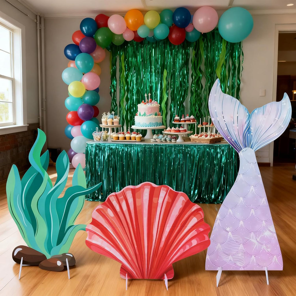 3 Pcs Large Sea Party Stand Decor, Under The Sea Sign Stand Party Decorations Set Mermaid Tail Seaweed with Brackets for Ocean Mermaid Theme Birthday Photography Props Decor