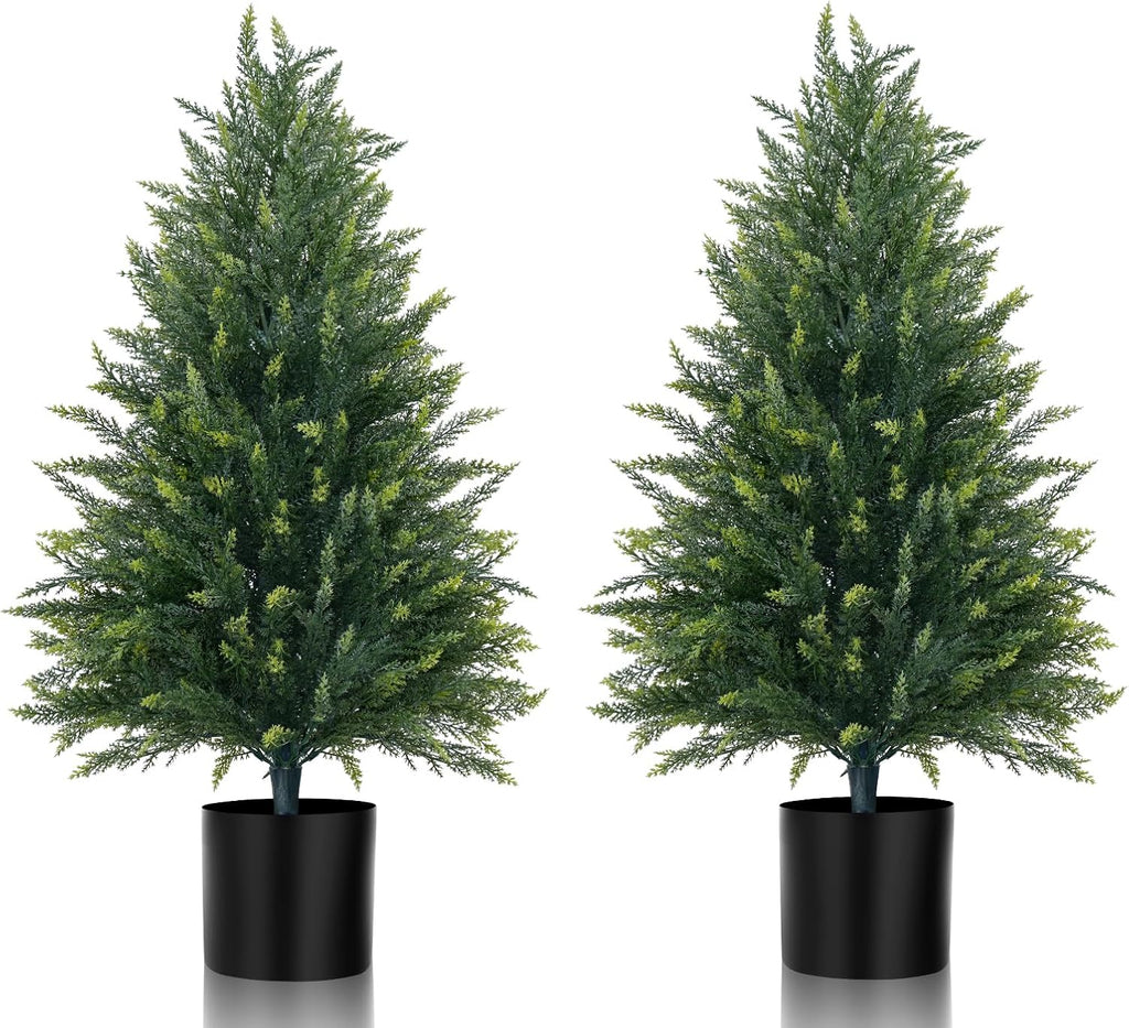 3FT Artificial Cedar Topiary Tree Set of 2, Faux Evergreen Pine Shrubs Plants with Pot, Realistic Fake Plants for Indoors Outdoors Front Porch Christmas Decor