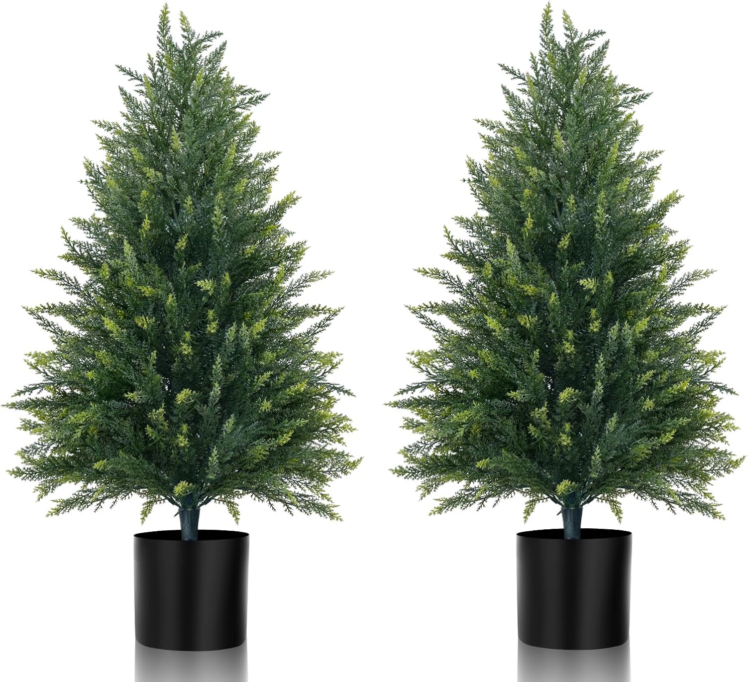 3FT Artificial Cedar Topiary Tree Set of 2, Faux Evergreen Pine Shrubs Plants with Pot, Realistic Fake Plants for Indoors Outdoors Front Porch Christmas Decor