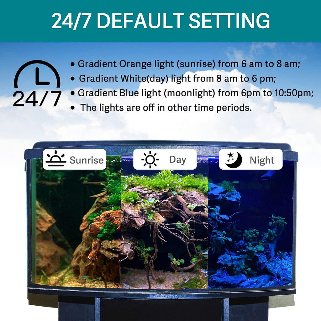 hygger 24/7 Mode Submersible Aquarium LED Light, Full Spectrum Hidden Fish Tank Light with 3 Rows Beads 7 Colors Auto On Off Sunrise-Daylight-Moonlight, Adjustable Timer Brightness 8W