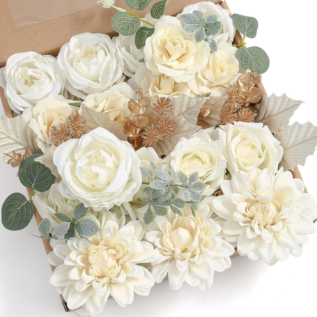 YYHUAWU Artificial Flowers Combo Box Set Gradient Color Flower Leaf with Stems for DIY Wedding Bouquets Centerpieces Baby Shower Party Home Decorations Ivory