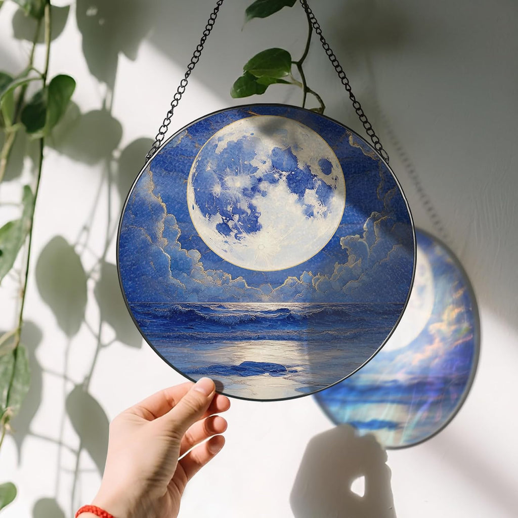 8'' Full Moon Over Ocean Sun Catcher Ornament, Stained Glass Window Hanging, Suncatchers for Windows Hanging Ornaments, Window Decor | Ideal Gift, Mother's Day, Christmas, Birthday Gifts
