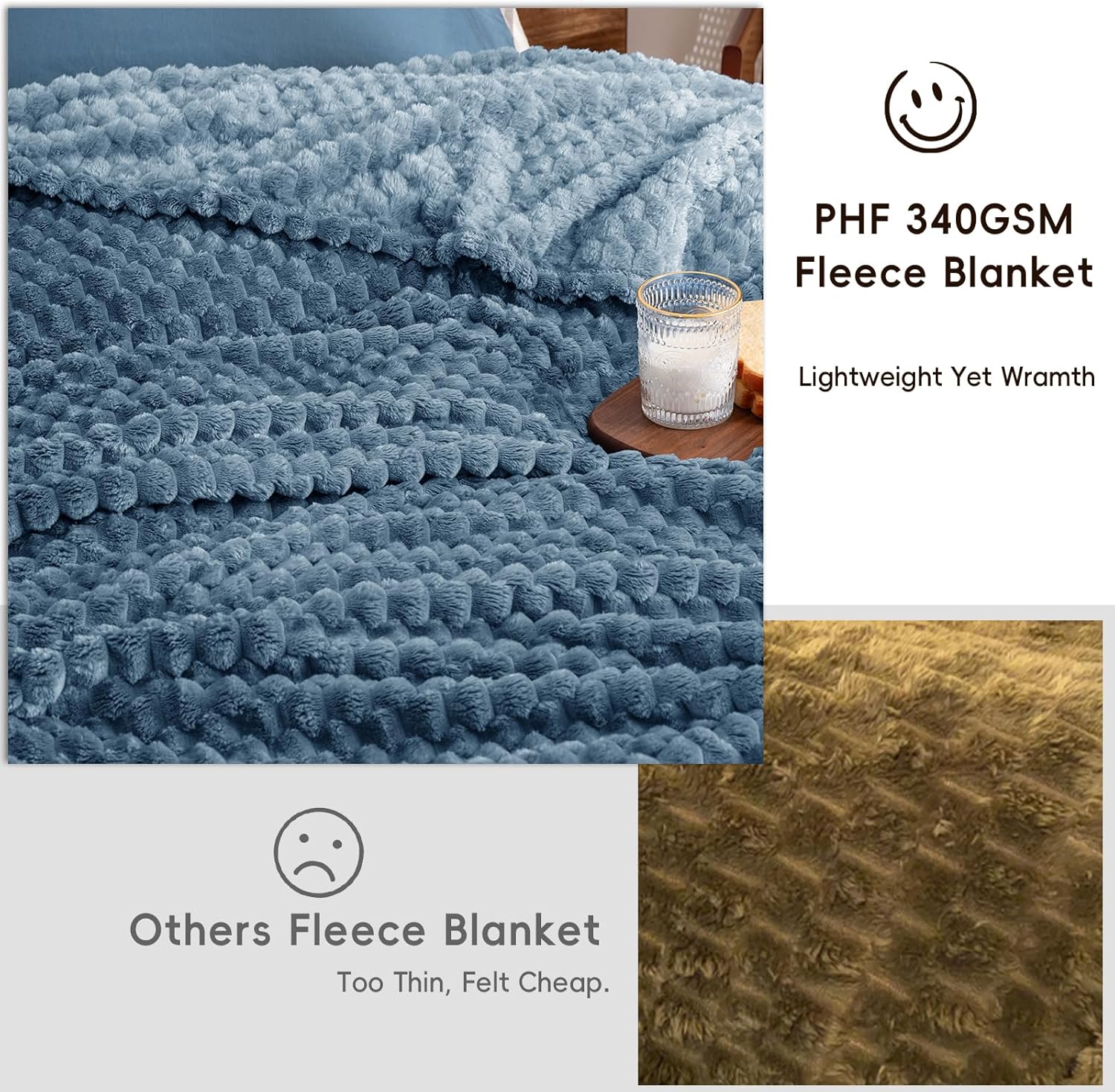 PHF Ultra Soft Flannel Fleece Blanket King Size, Lightweight 3D Jacquard Fleece Blanket, No Shedding, No Pilling, Luxury 340GSM Aesthetic Fluffy Cozy for Bed Room Decor, 108"x90", Denim Blue