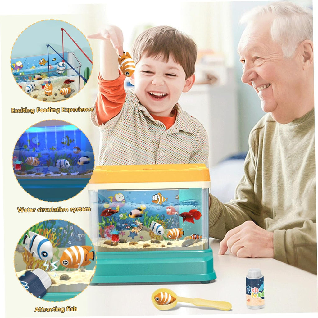 Baby Aquarium Toy, Educational Toy Fish Tank with Light & Music, Artificial Water Tank with 4 Magnetic Fish, 2 Fishing Rod, Net & Feed Bottle, for Kids