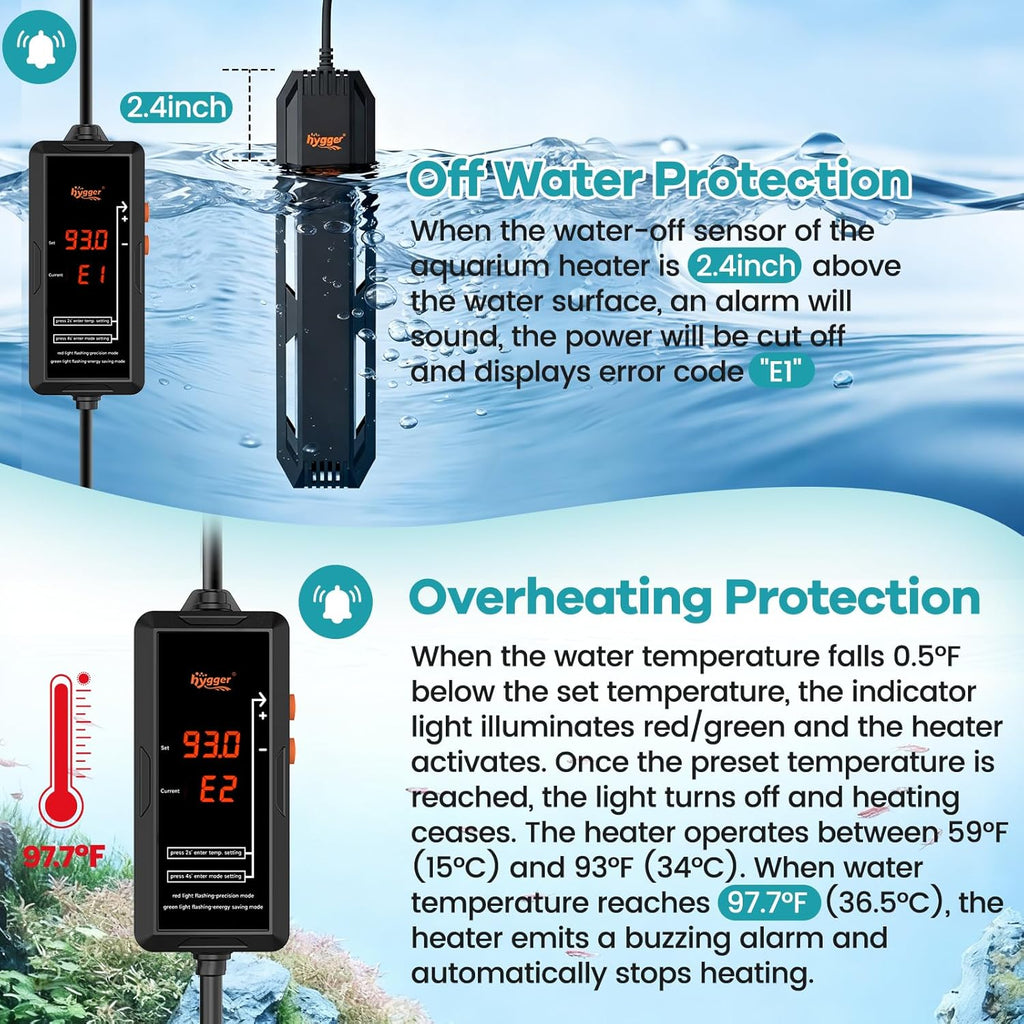 hygger Aquarium Heater, 300W/500W/800W/1000W Submersible Fish Tank Heater with Temperature Controller, Over-Temperature Off-Water Protection Alarm for Saltwater Freshwater (300W, 40-70 Gallon)