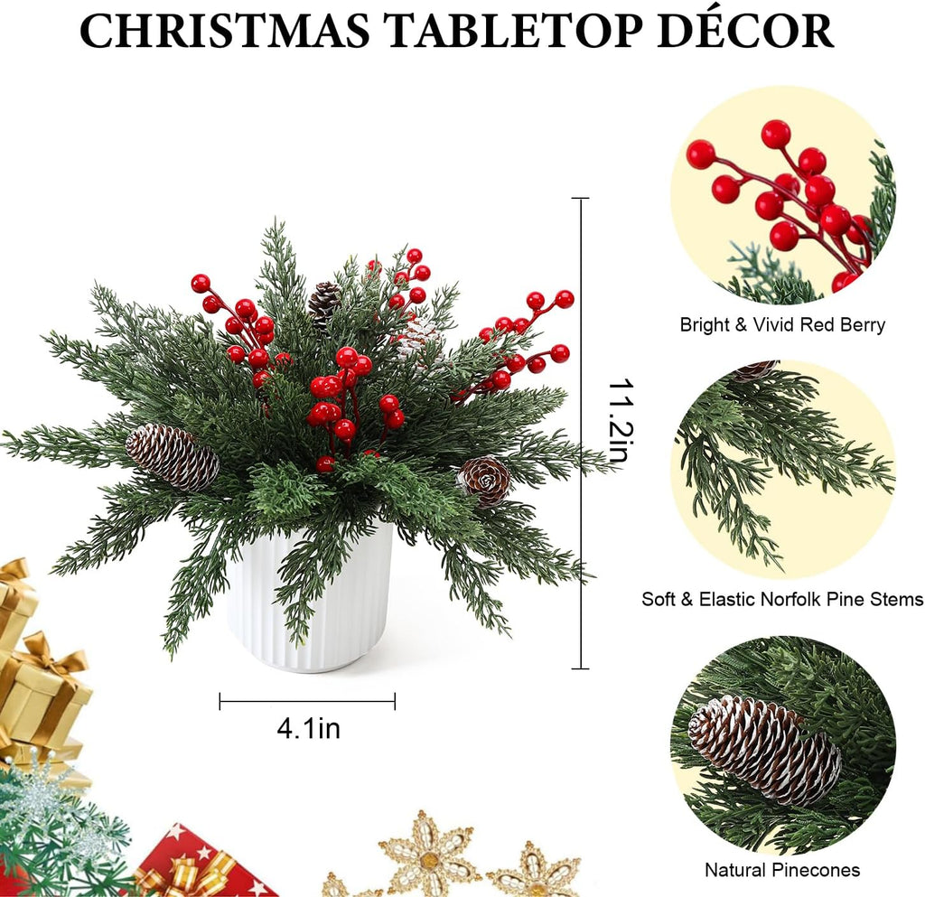HOMCDALY Christmas Artificial Pine Branches with Red Berry and Pinecone for Tabletop Christmas Decorations, Fake Plants with Ceramic Pot, Small Chritstmas Tree for Home Décor, Christmas Decor Indoor