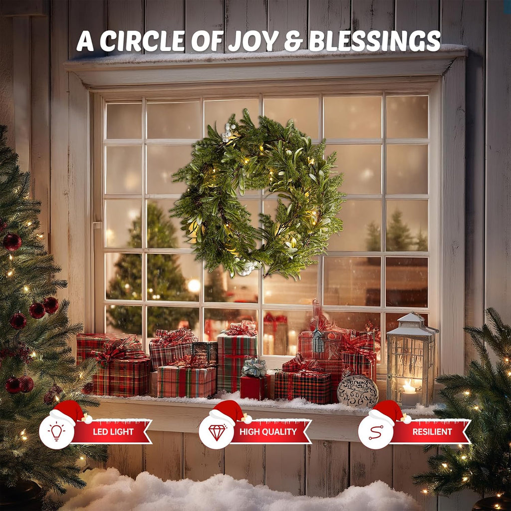 6FT Christmas Garland – Artificial Greenery Olive Garland with White Berries, Pinecones & 20 Warm LED Timer Lights – Holiday Garland for Home, Wedding, Party Decorations