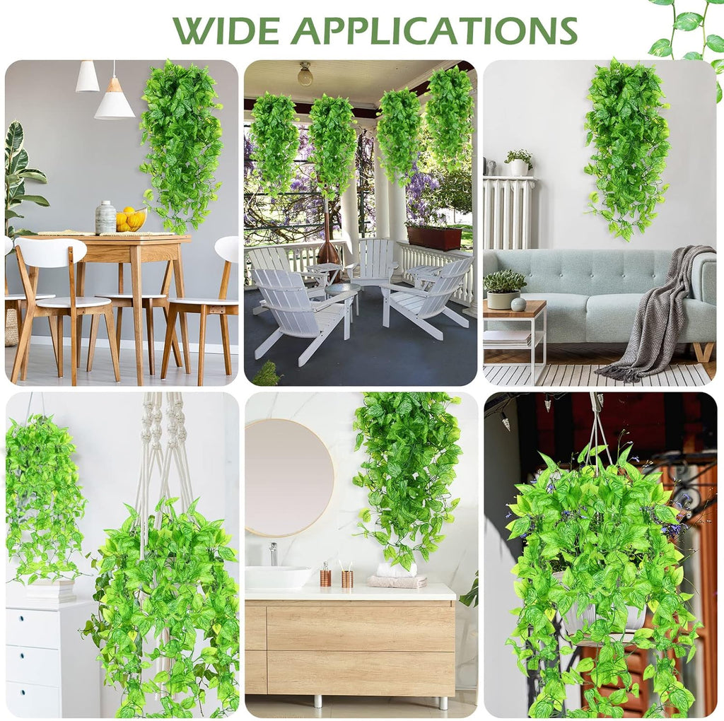 Hoteam 12 Pcs Artificial Hanging Plants 32 Inch Fake Ivy Vines with Fake Leaves Patio Artificial Plants Greenery for Living Room Indoor Outdoor Wall, No Basket (Marble Queen Pothos)