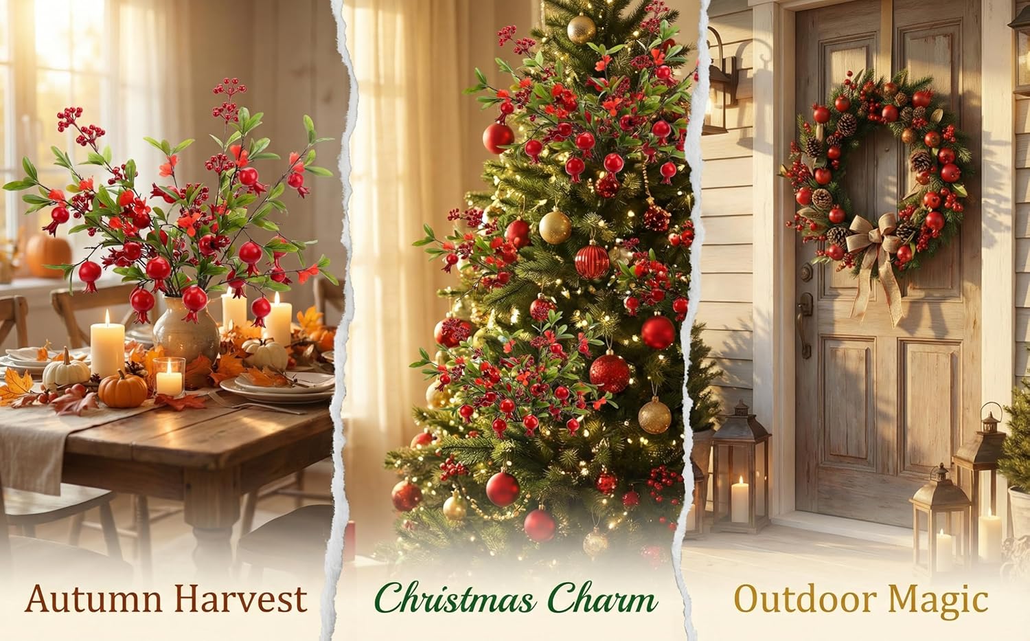 Artificial Pomegranate & Red Berry Stems - Autumn Christmas Decorations for Tree, Wreaths, Table Centerpiece & DIY Crafts