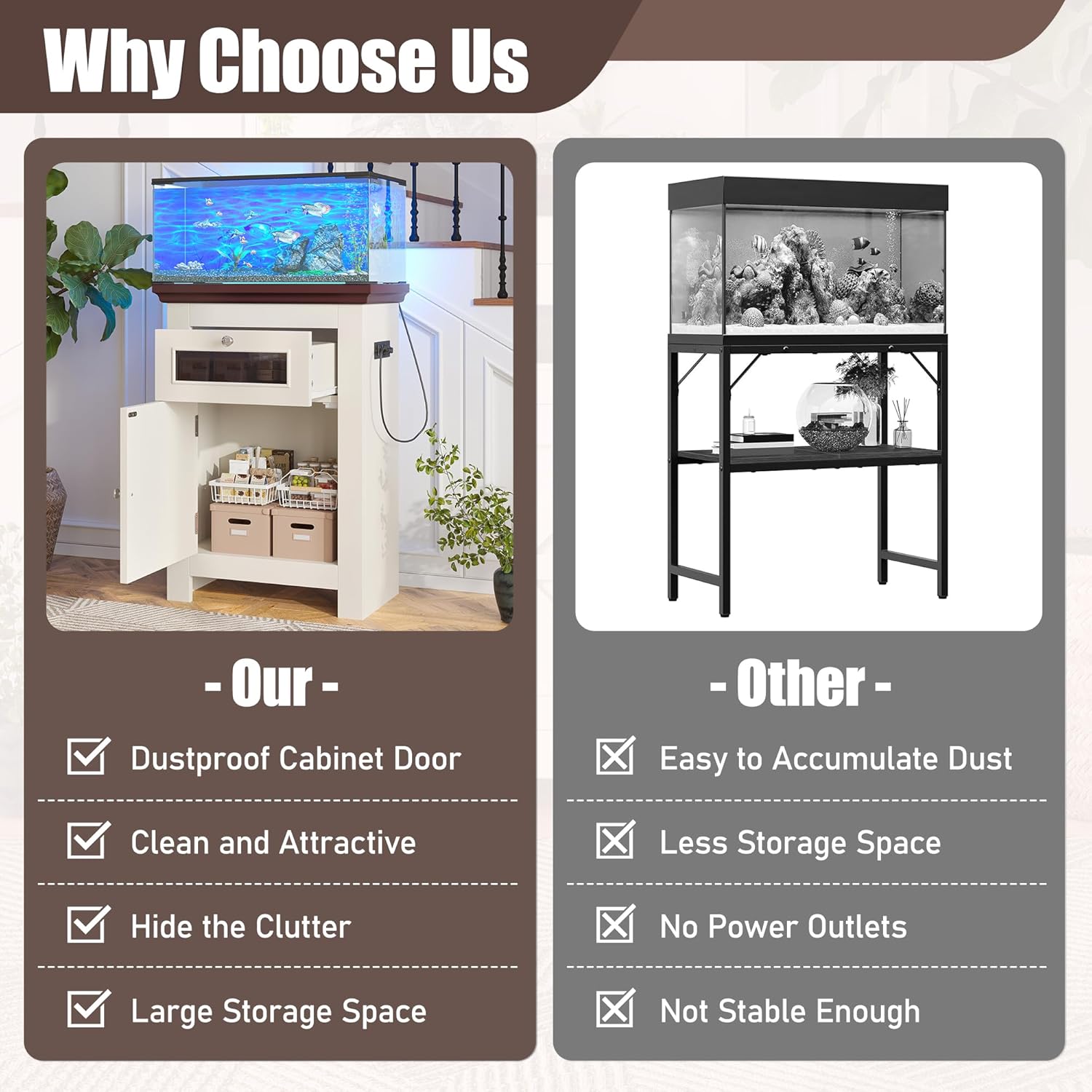 10–15 Gallon Fish Tank Stand with Cabinet Storage and Power Outlets (2 AC 2 USB), Compact Aquarium Stand with Drawer & Storage Cabinet, MDF Frame, 198LBS Capacity, Beige Brown